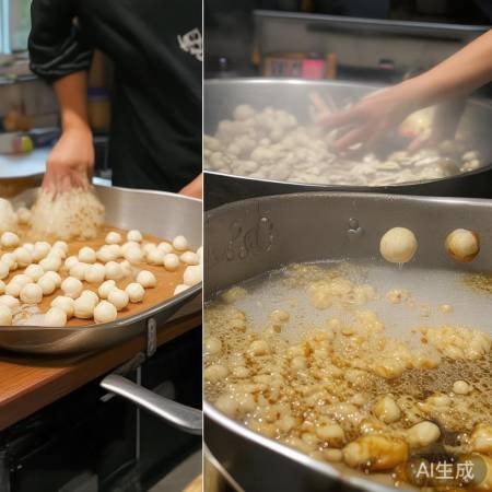 炸鱼丸步骤：搅拌、揉球、炸金黄