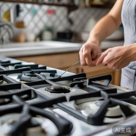 燃气灶芯堵塞，细铁丝清理