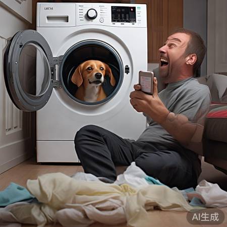 洗衣机里的小狗咬住转盘