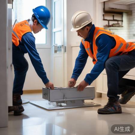 两人安装消毒柜，小心拧螺丝